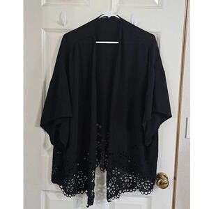 Shein Curve Black Kimono Cardigan Floral Laser Cut Eyelet Hem Plus Size 2XL Boho